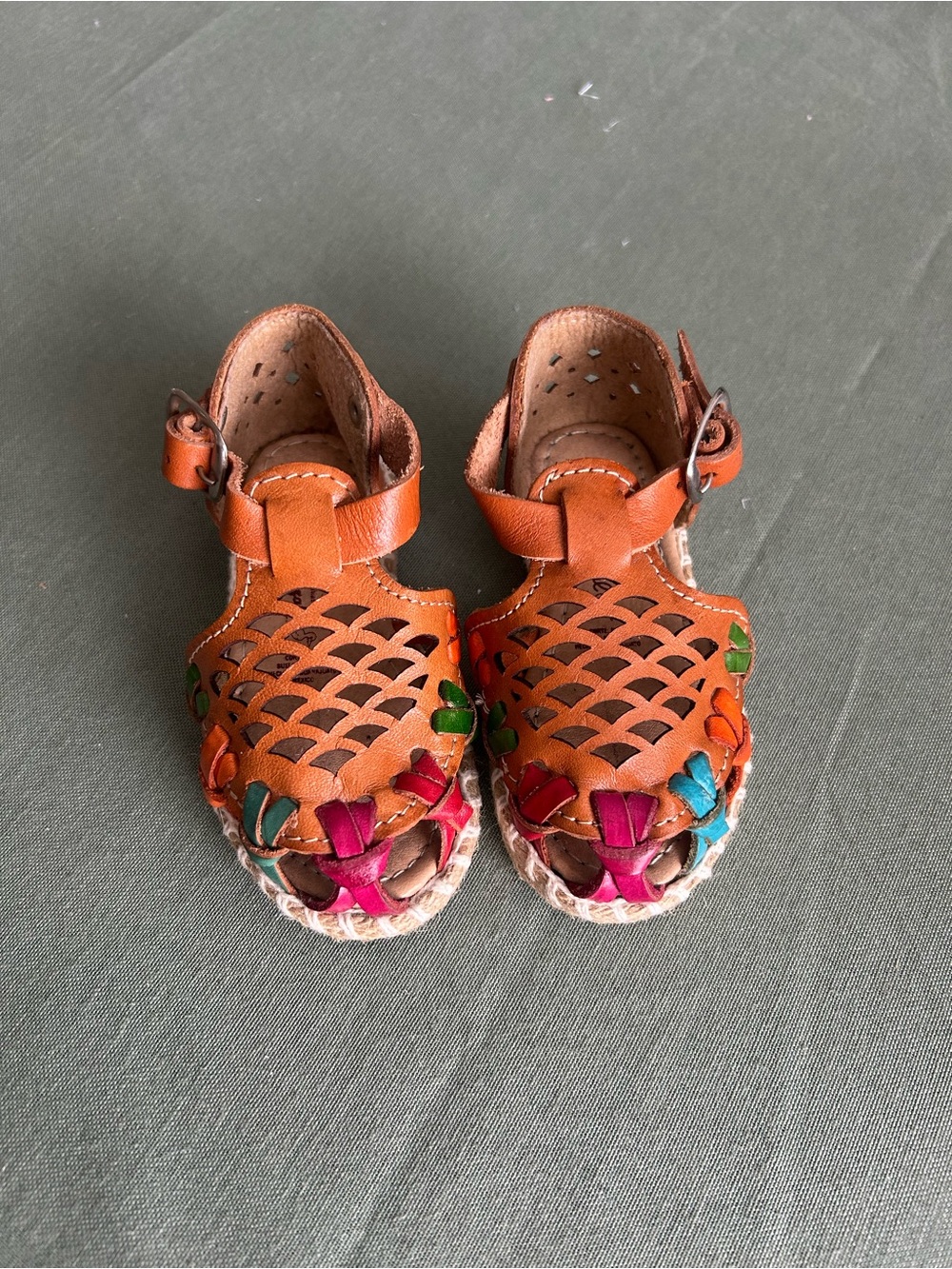 Tan Leather Kids Sandals with Colorful Woven Accents